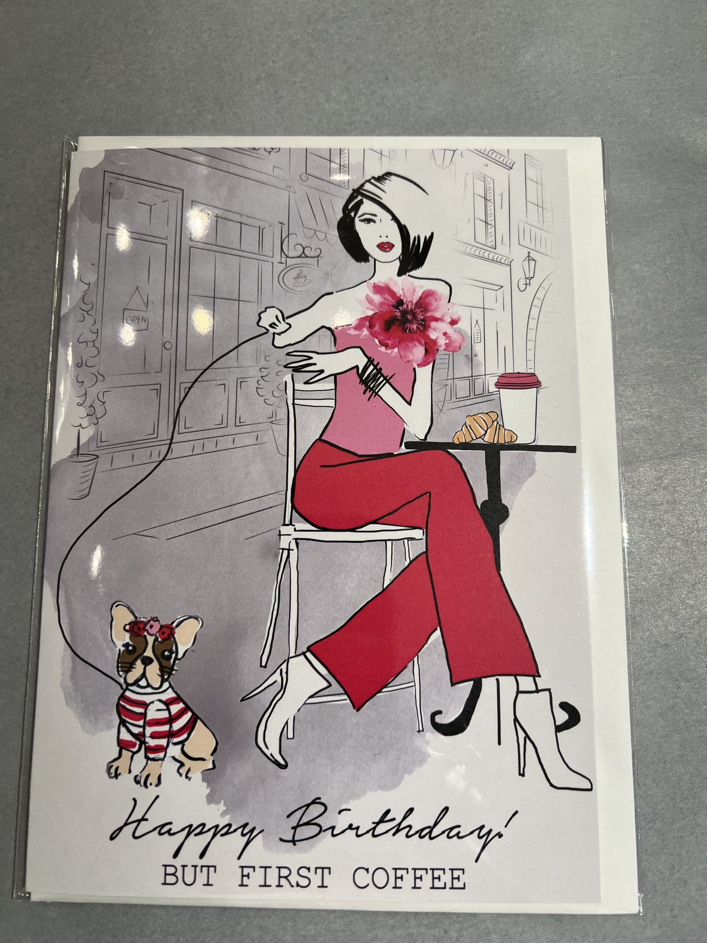 Happy Birthday, But First Coffee Pink Greeting Card