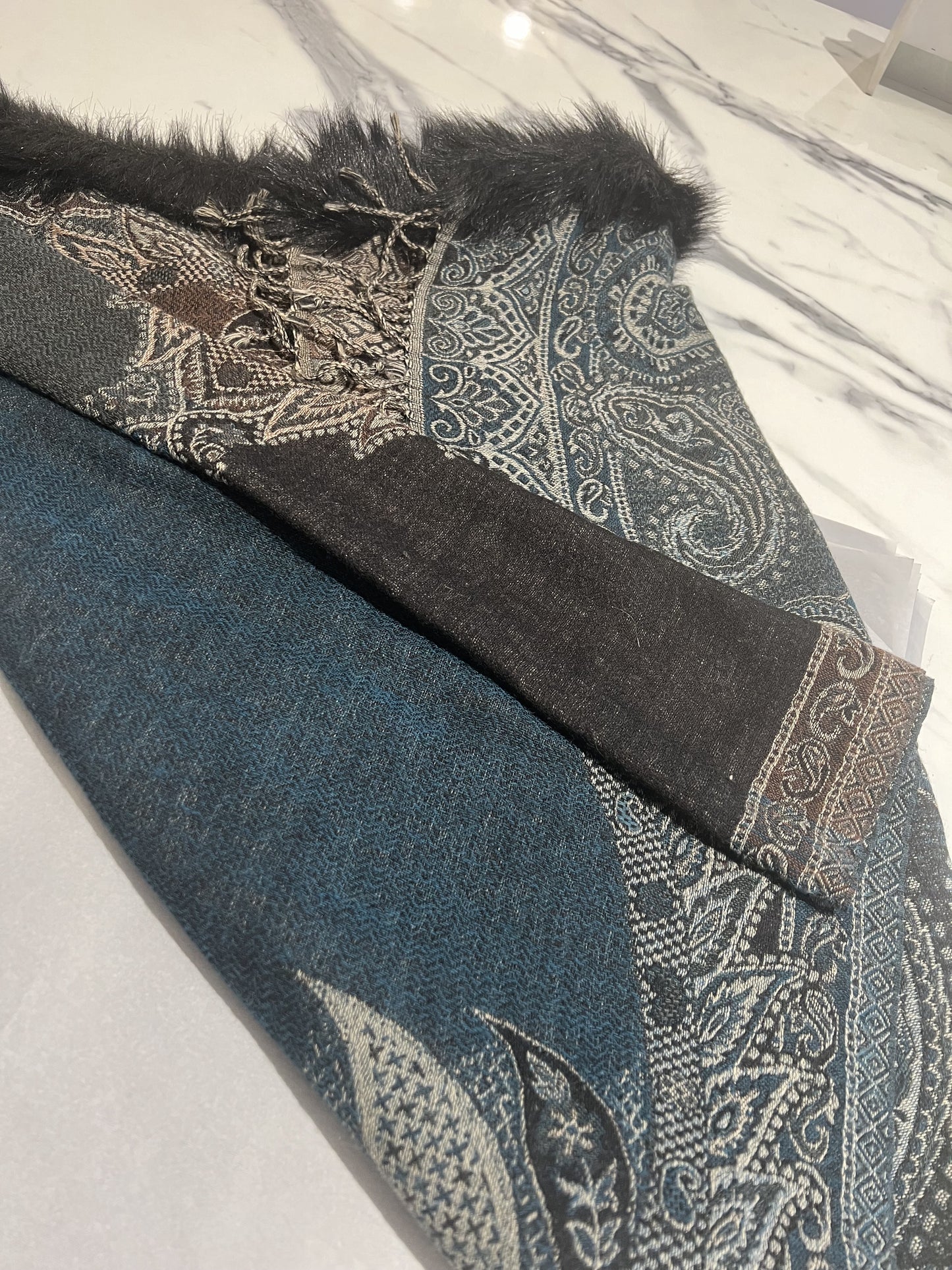 Black, Navy And Brown Fur Neck Wool Scarf