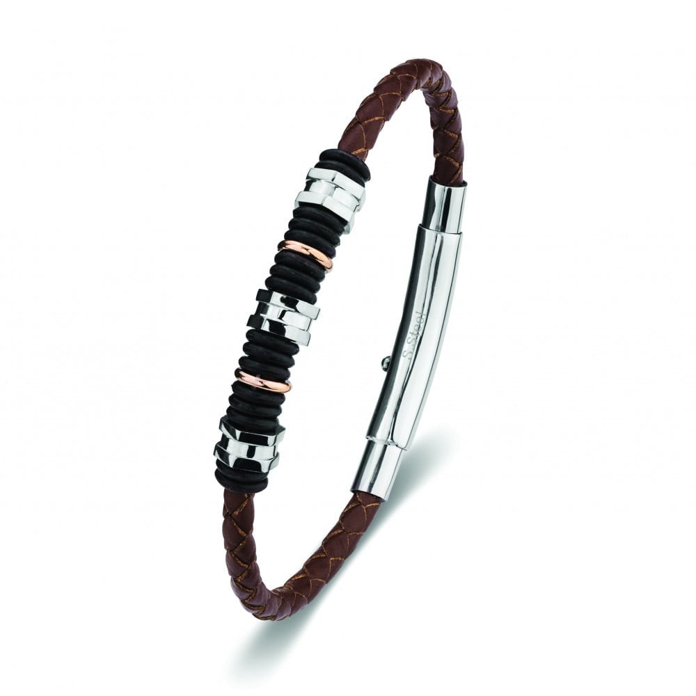 Single Leather Brown Strap Beaded Mens Bangle
