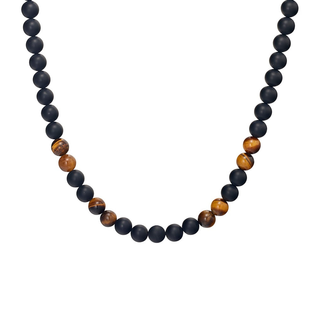 Black And Tiger Eye Onyx Bead Mens Necklace