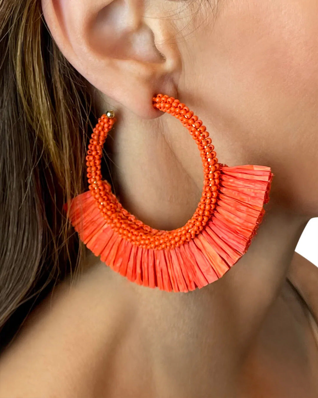 Rio Raffia Hoop Earrings - Orange