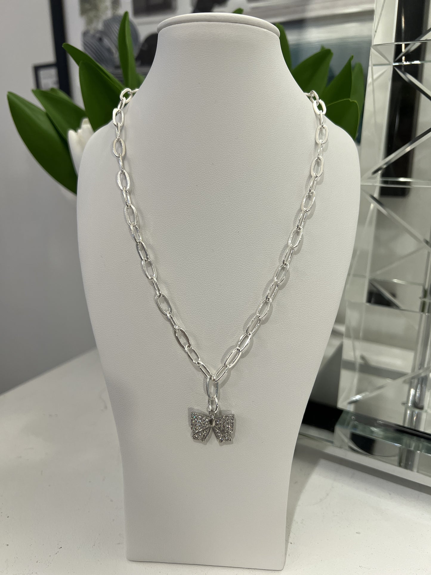 Silver Bow Diamanté Necklace