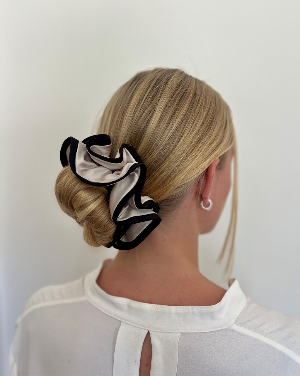 Large Satin Scrunchy - Black With Beige Trim