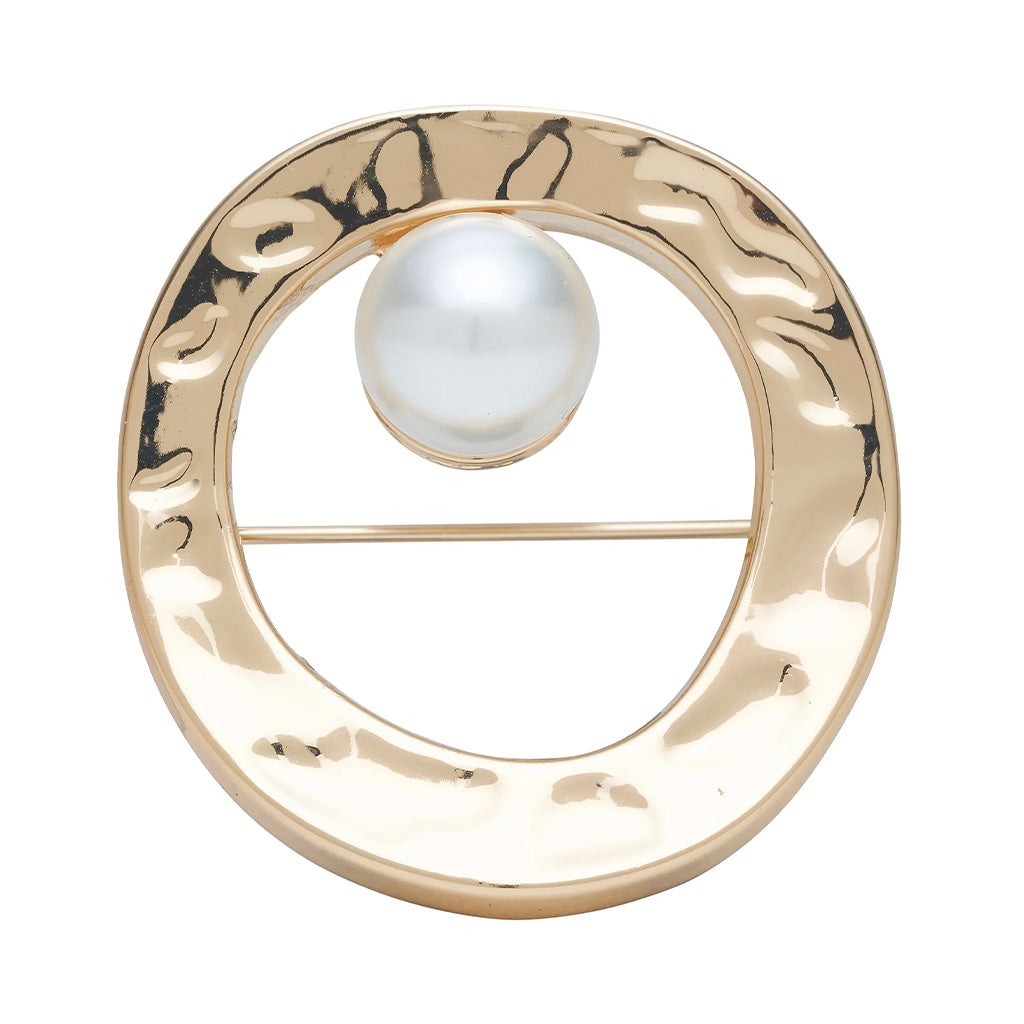 Textured Circle and Pearl Brooch