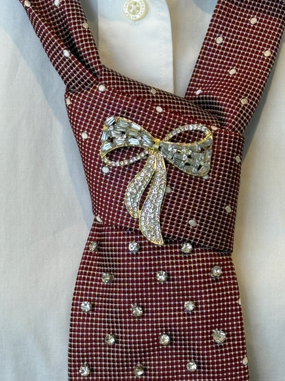 Burgundy Tie With Brooch & Rhinestones