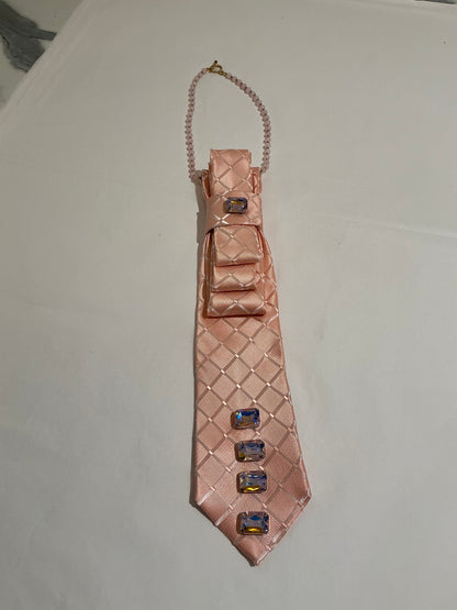 Salmon Pink Tie With Pink Rhinestones