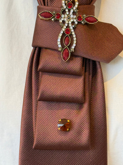 Brown Tie With Red And Gold Brooch