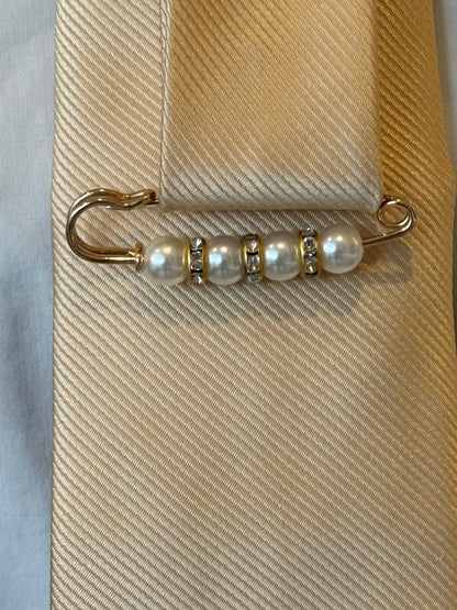 Champagne Gold Tie With Pearls and Rhinestone Brooch