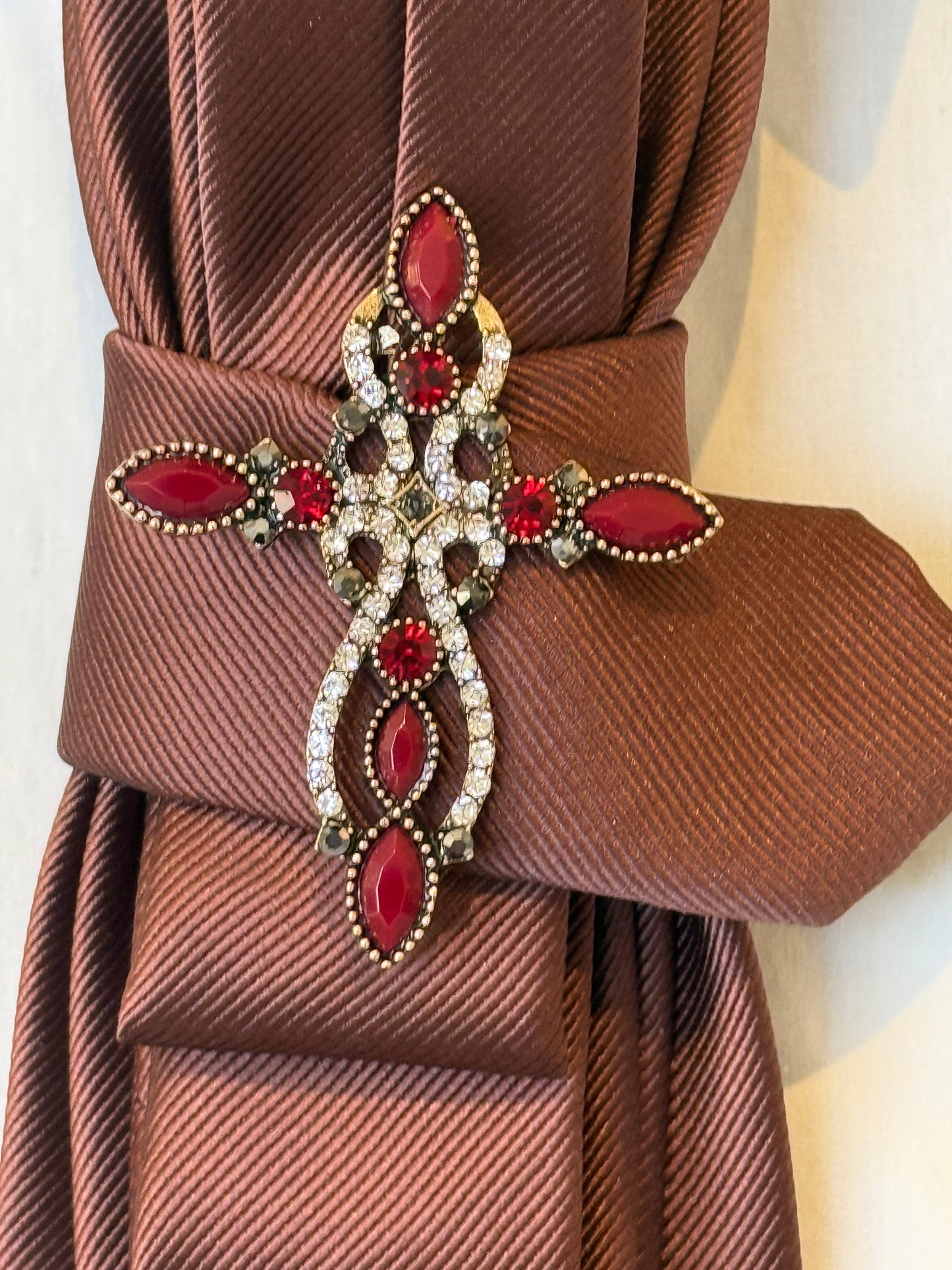 Brown Tie With Red And Gold Brooch