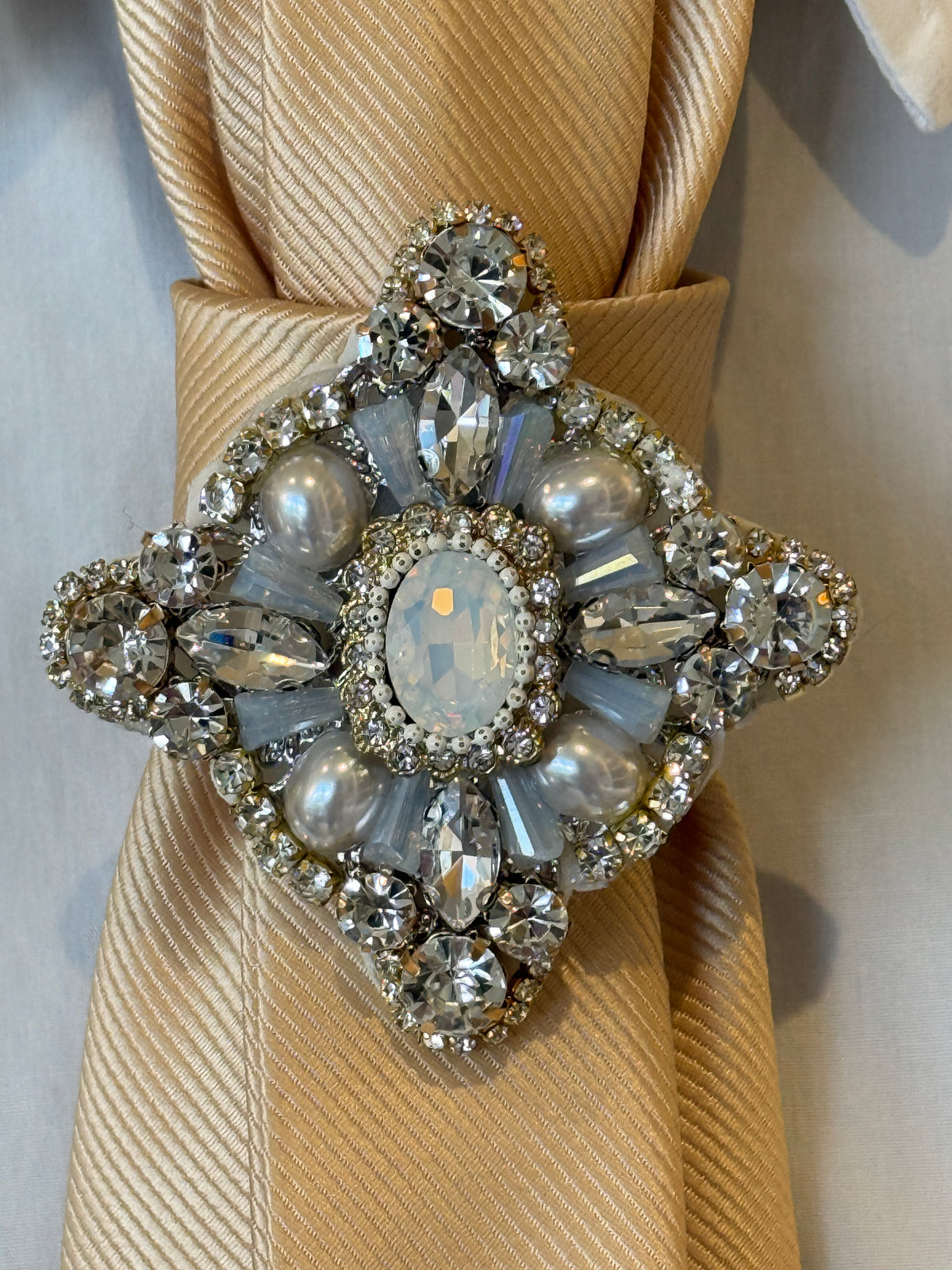 Champagne Gold Tie With Pearls and Rhinestone Brooch