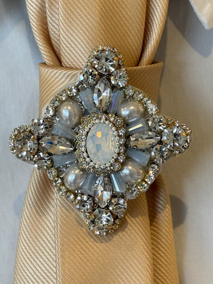 Champagne Gold Tie With Pearls and Rhinestone Brooch
