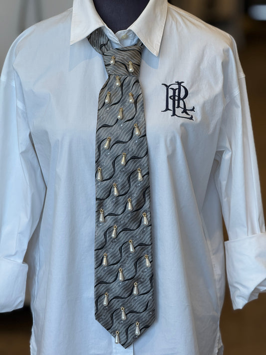Grey Swirl Tie With Pearl Drops
