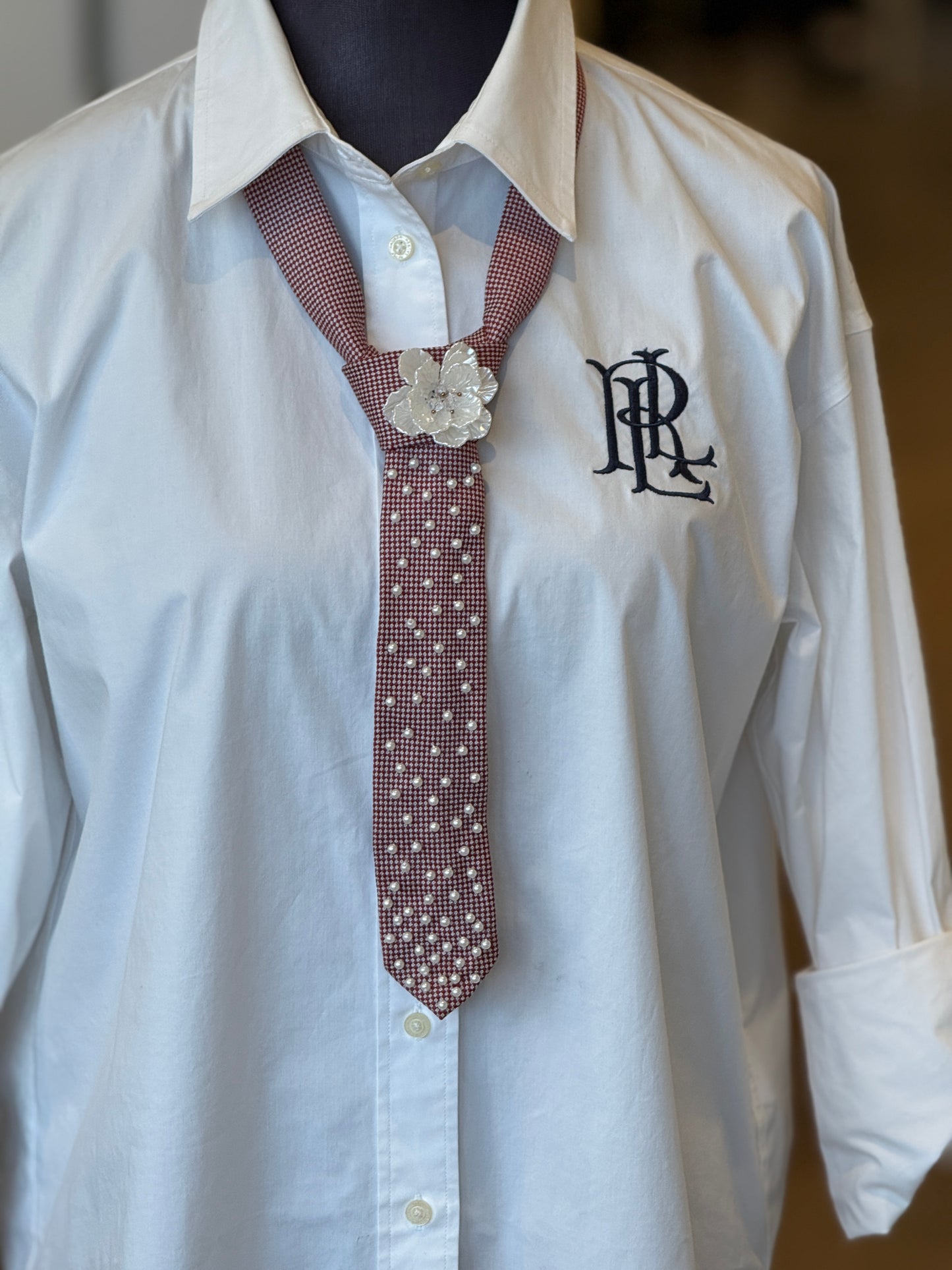 Burgundy Tie With Flower & Pearls