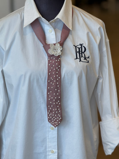 Burgundy Tie With Flower & Pearls