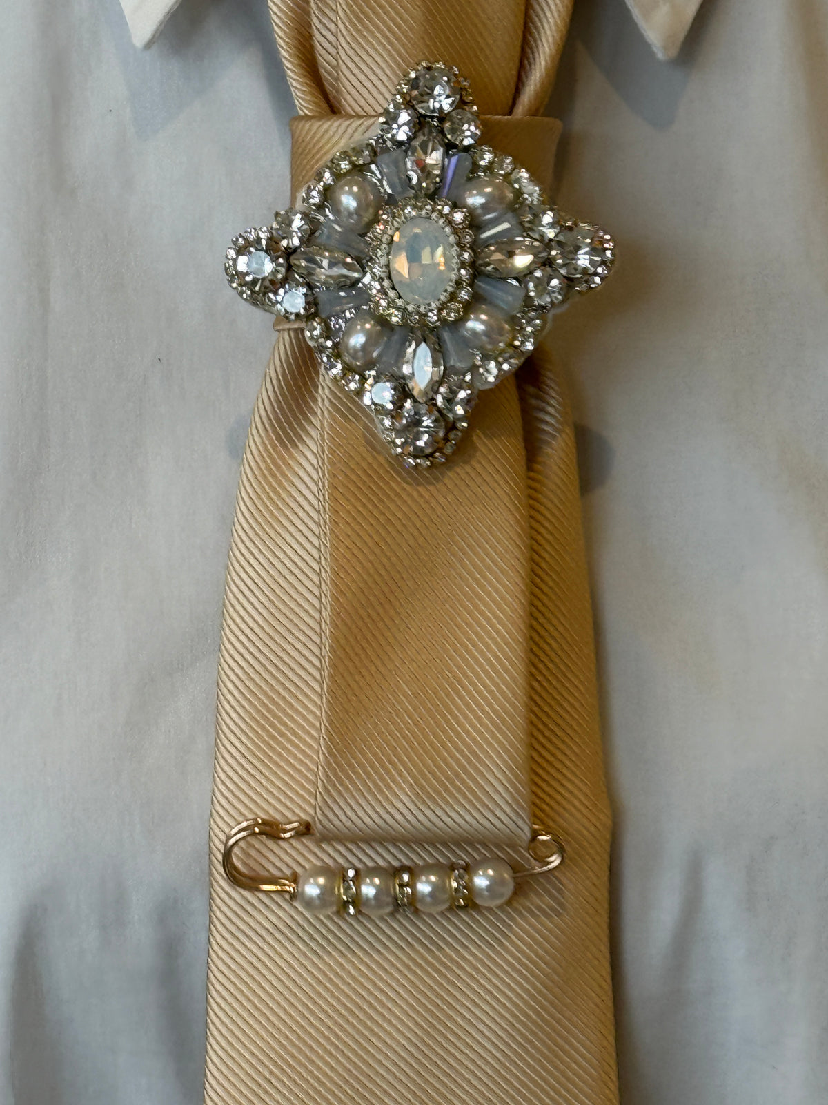 Champagne Gold Tie With Pearls and Rhinestone Brooch