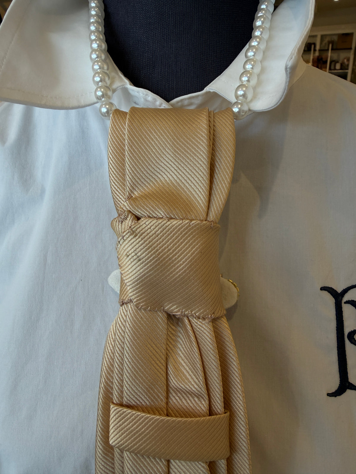 Champagne Gold Tie With Pearls and Rhinestone Brooch