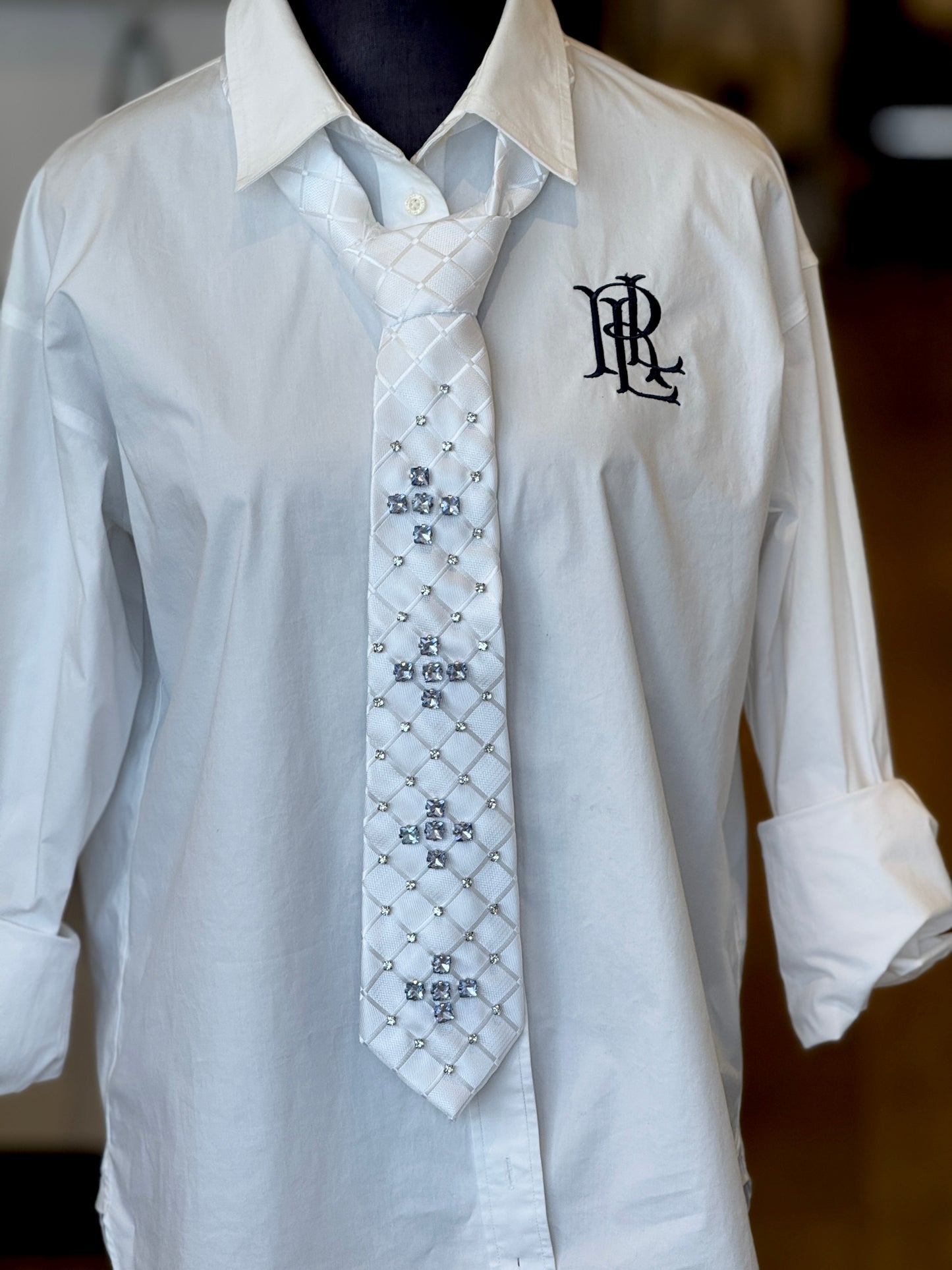 White Tie With Blue And Clear Rhinestones