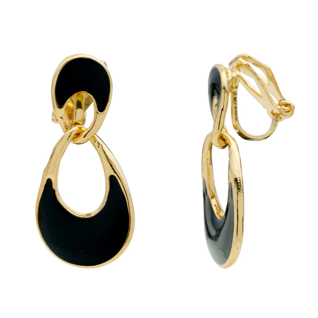 Black Enamel Loop Clip On Earrings
