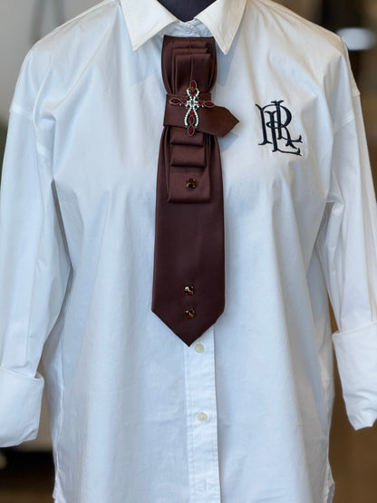 Brown Tie With Red And Gold Brooch