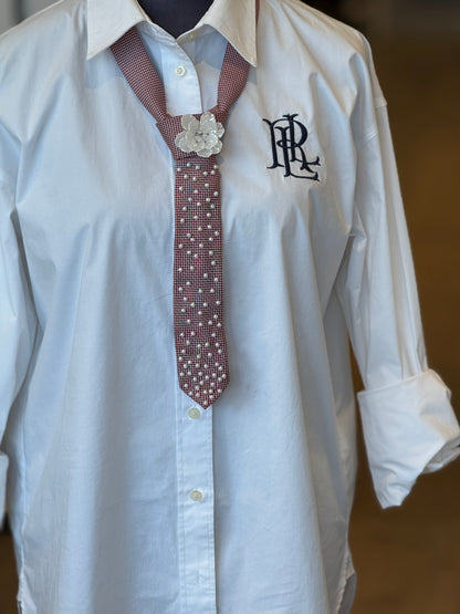 Burgundy Tie With Flower & Pearls