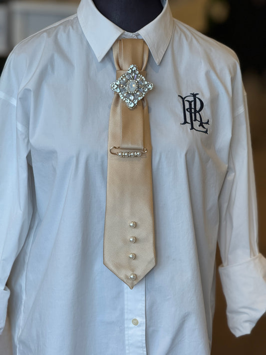 Champagne Gold Tie With Pearls and Rhinestone Brooch