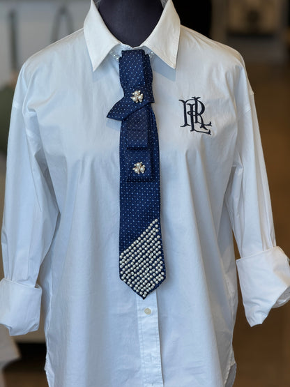 Navy Tie With Pearls & Diamentees
