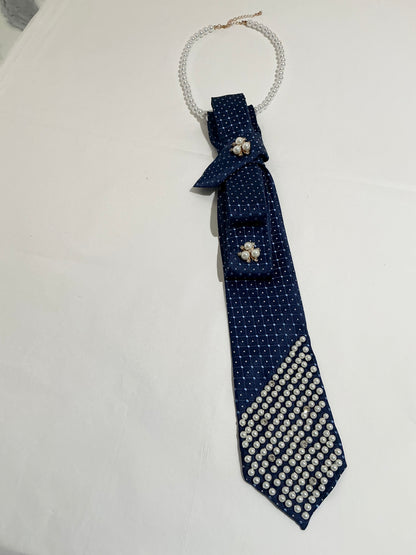 Navy Tie With Pearls & Diamentees
