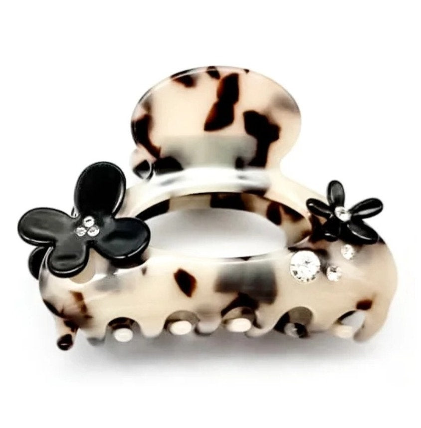 Hairclaw Medium - Light Turtle With Black Flowers