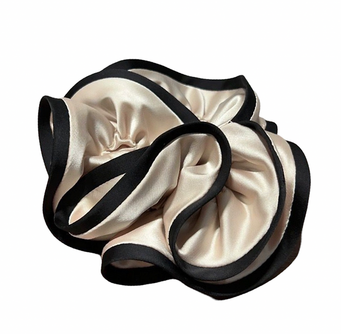 Large Satin Scrunchy - Beige With Black Trim