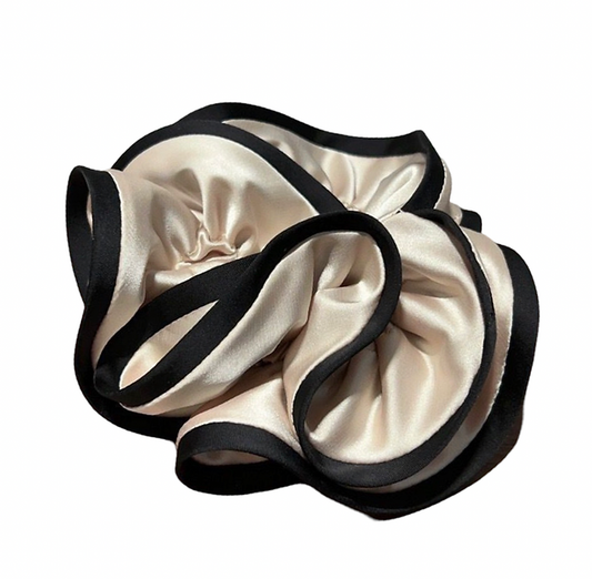 Large Satin Scrunchy - Beige With Black Trim