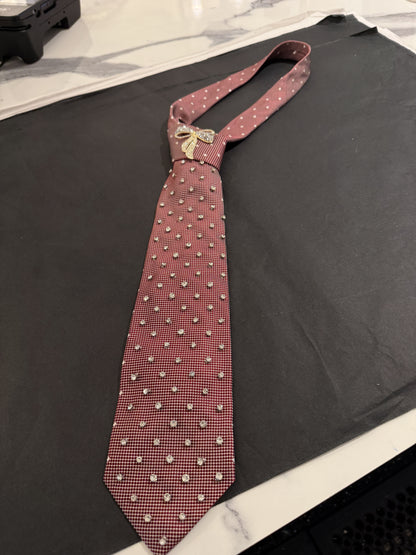 Burgundy Tie With Brooch & Rhinestones
