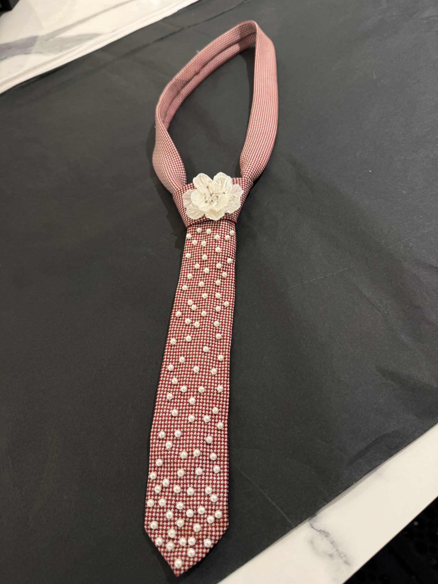 Burgundy Tie With Flower & Pearls