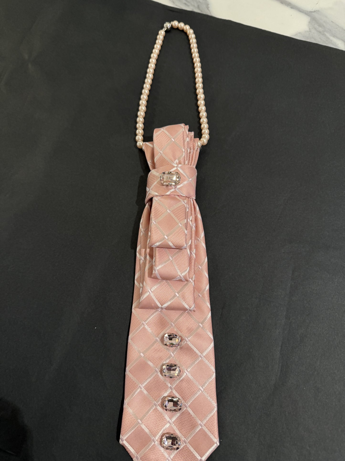 Salmon Pink Tie With Pink Rhinestones