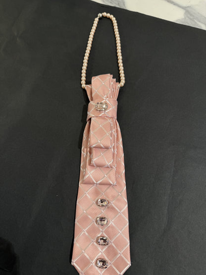 Salmon Pink Tie With Pink Rhinestones