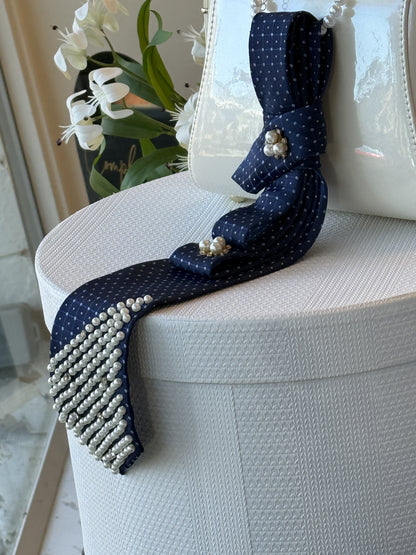 Navy Tie With Pearls & Diamentees