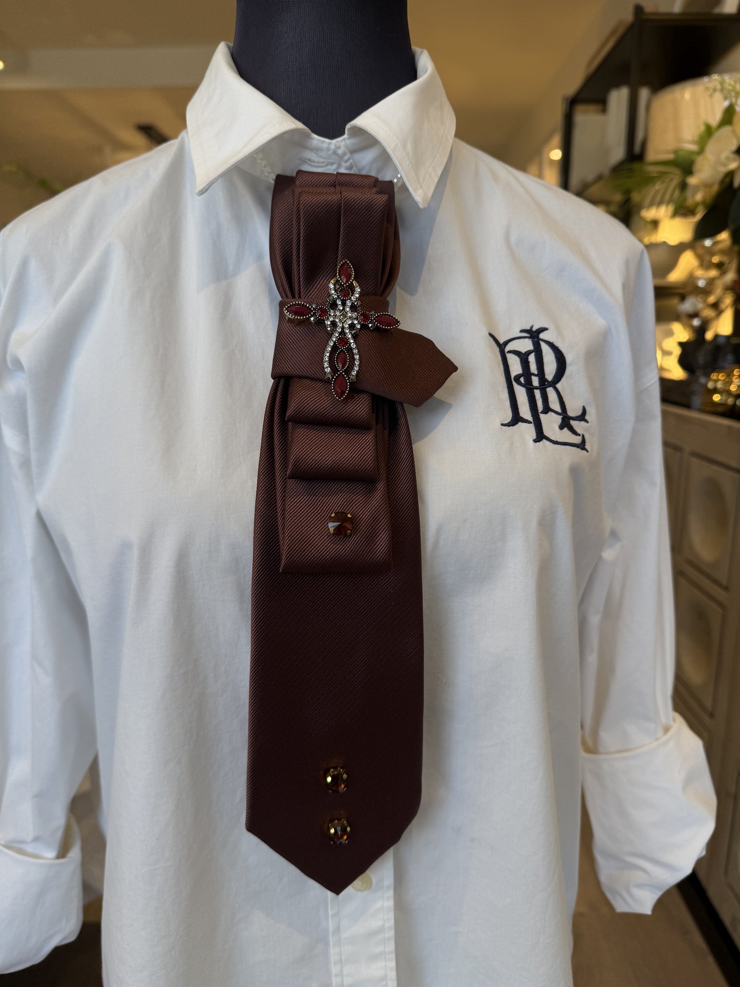 Brown Tie With Red And Gold Brooch