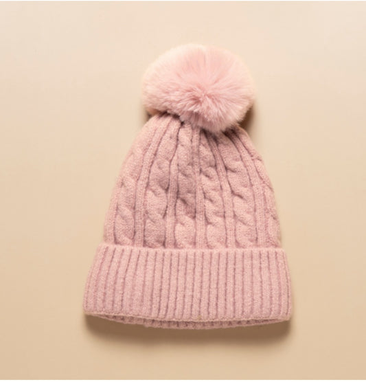 Pink Fur Lined Cable Knit Beanie