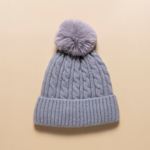 Grey Fur Lined Cable Knit Beanie