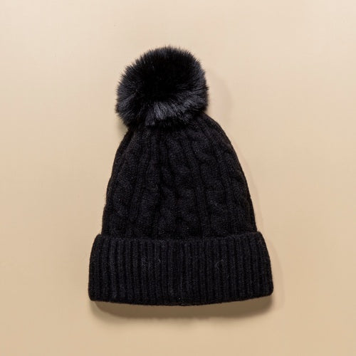 Black Fur Lined Cable Knit Beanie