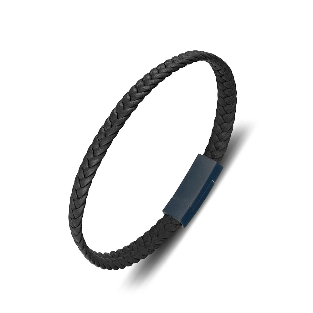 Single Leather Plait Strap Black Bangle