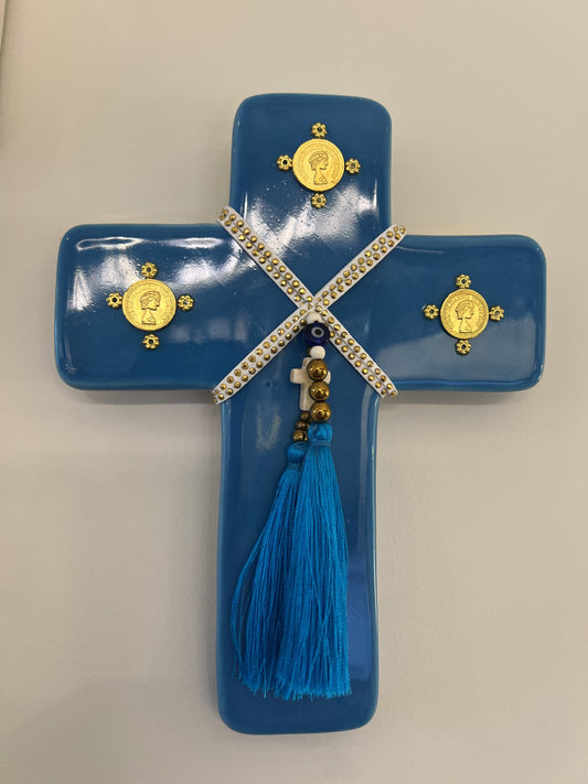 GEORGE AND COLE Crown Blue Ceramic Cross - Medium