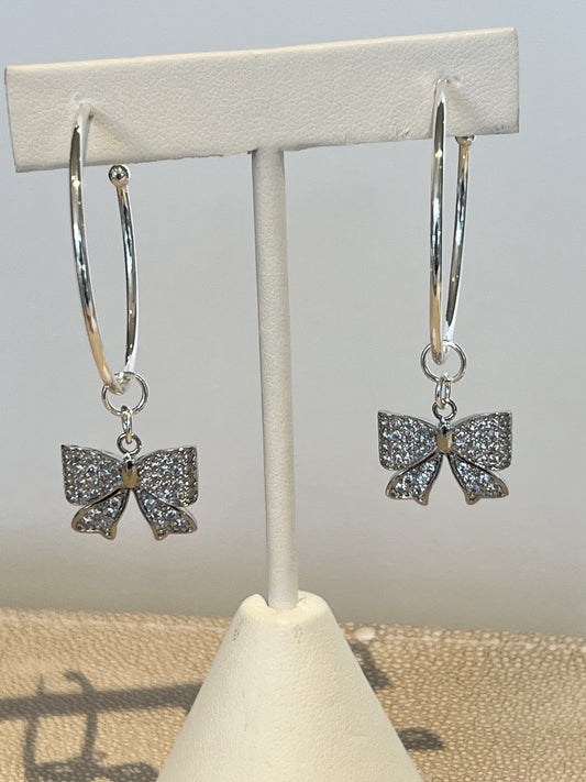 Silver Bow Diamanté Hoops