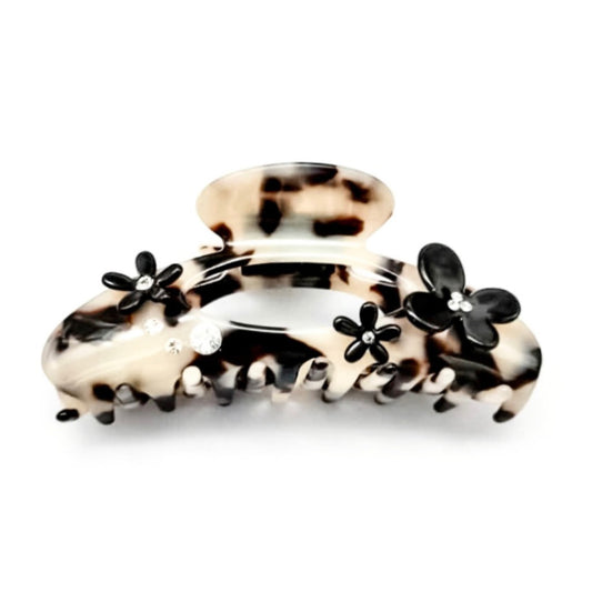 Oversized Hairclaw - Light Turtle With Black Flowers