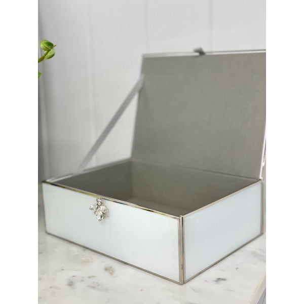 White & Silver Glass Bee Decor Box